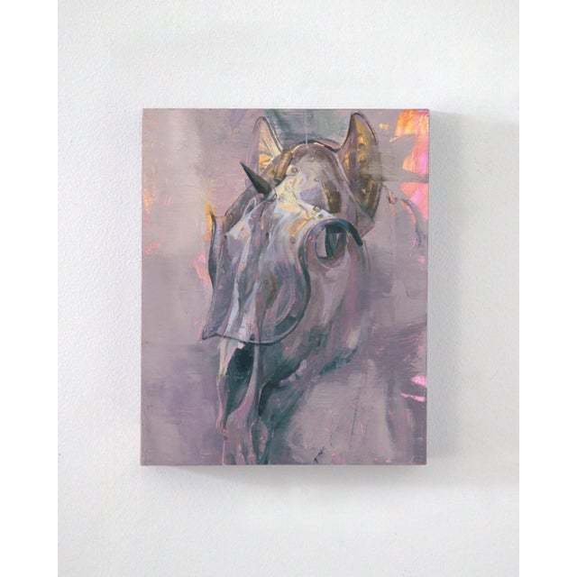 This artwork presents the head of a unicorn rendered in a blend of soft, muted tones that evoke a sense of ethereal...