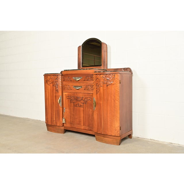 Art Deco French Art Deco Carved Walnut Marble Top Sideboard or Bar Cabinet, Circa 1930s For Sale - Image 3 of 13