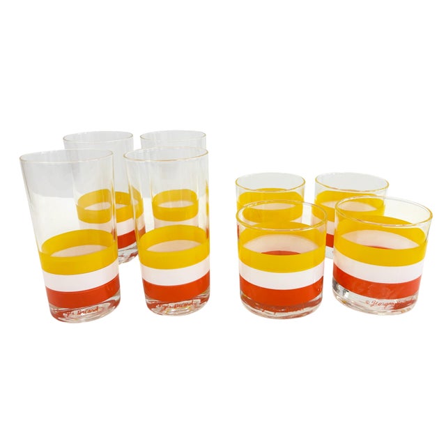 Georges Briard Vintage Orange Mid Century Modern Yellow, White Striped Georges Briard Glasses. - Set of 8 For Sale - Image 4 of 5