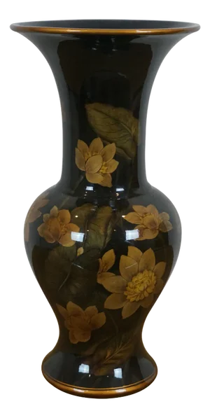 Vintage Chinese Black & Gold Lacquered Chinoiserie Lotus Flower Vase