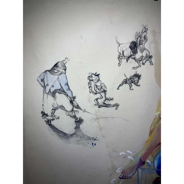 2000 - 2009 Circus High Diver Into Glass With Sketches Unstretched Canvas Joni Wildman Oil Painting For Sale - Image 5 of 15