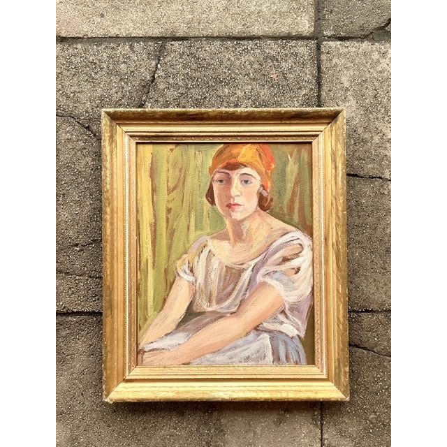 Wood Mid 20th Century Vintage Boho Original Oil Portrait on Board For Sale - Image 7 of 8
