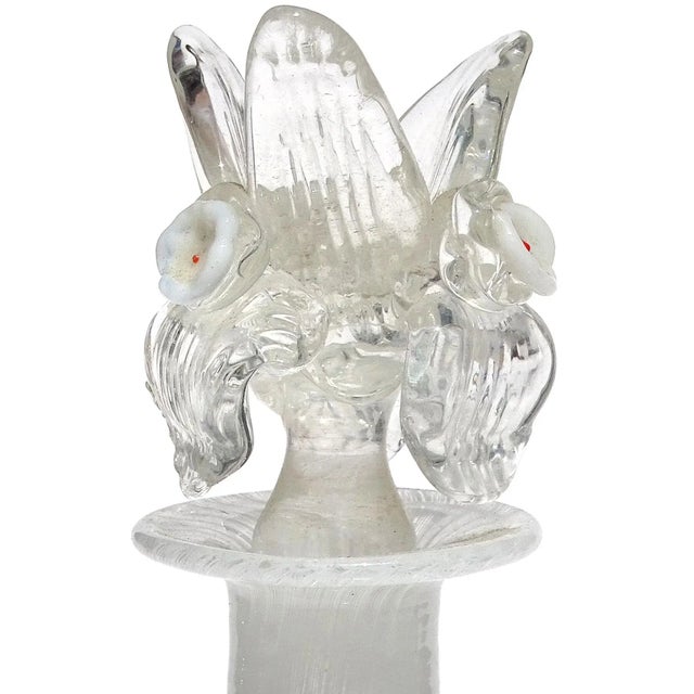 Mid 20th Century Murano White Zanfirico Ribbons Flower Top Stopper Italian Art Glass Vintage Decorative Vanity Bottle For Sale - Image 5 of 8