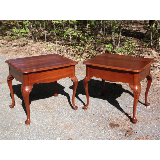 Wood Pair Ethan Allen Georgian Court Queen Anne Style Solid Cherry End Tables Nightstands For Sale - Image 7 of 12