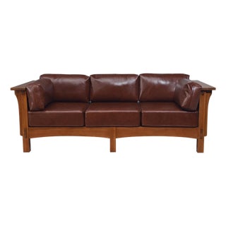 Crafters and Weavers Mission Crofter Sofa, Solid Quarter Sawn Oak and Leather Cushions in Chestnut Leather For Sale