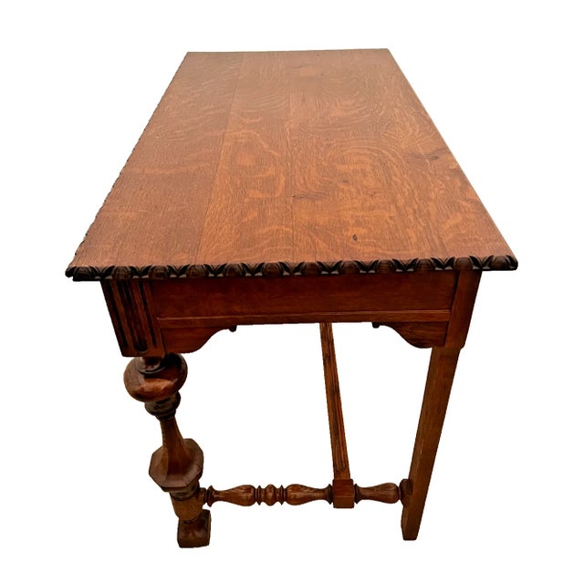 Early 20th Century Victorian Style Desk Two Drawers Quarter Sawed Tiger Oak Petite Size Hand Carved Top For Sale - Image 4 of 11