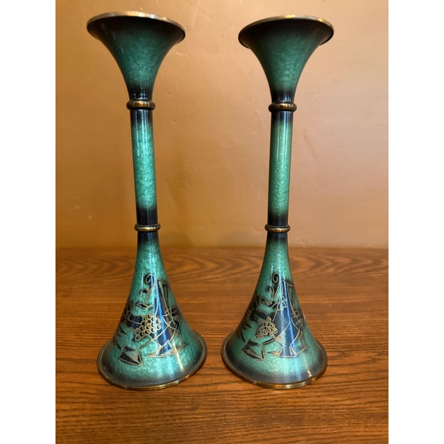 Mid 20th Century Israeli Enameled Brass Pedestal Bowl and Candlesticks With Grape Motif, Set of 3 For Sale - Image 17 of 18