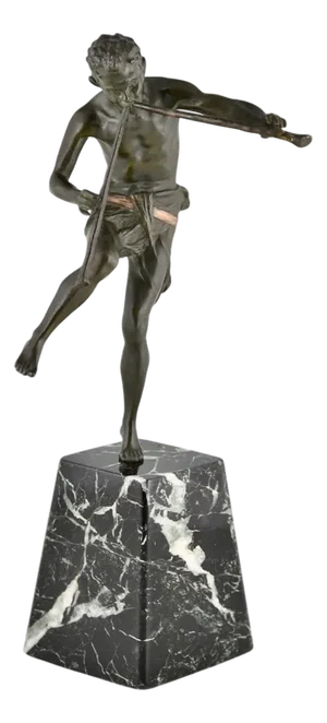 Edouard Drouot, Art Deco Sculpture of Dancing Satyr with Flutes, 1920, Bronze on Marble Base
