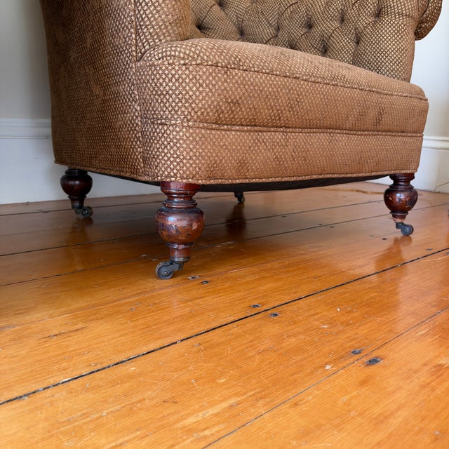 Pair of Chesterfield Tufted Deep Club Chairs With Turned Wooden Legs and Brass Casters For Sale - Image 12 of 16