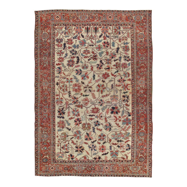 Antique Persian Serapi Carpet, Handmade Wool Oriental Rug, Ivory and Light Blue For Sale