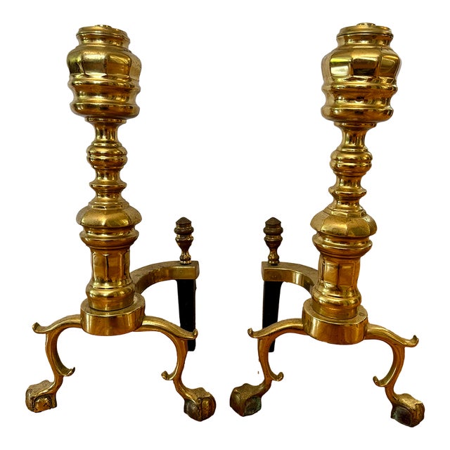 Mid 20th Century Harvin Federal Style Brass Fireplace Andirons, a Pair For Sale