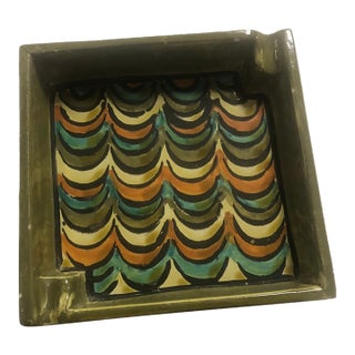Aldo Londi for Bitossi Italian Signed MCM Ashtray in Green Orange Cream and Teal Beautiful! For Sale
