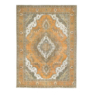1960s Persian Tabriz Stone Wash Wool Hand Knotted Cropped Thin Rug For Sale