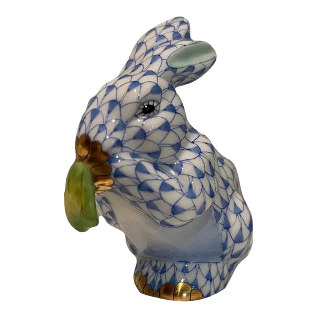 Herend Blue Fishnet "Rabbit With Carrot Leaves" Figurine For Sale