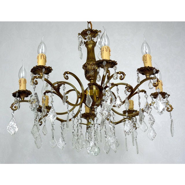 French Brass Crystal Eight-Light Chandelier, 1950s For Sale - Image 11 of 12
