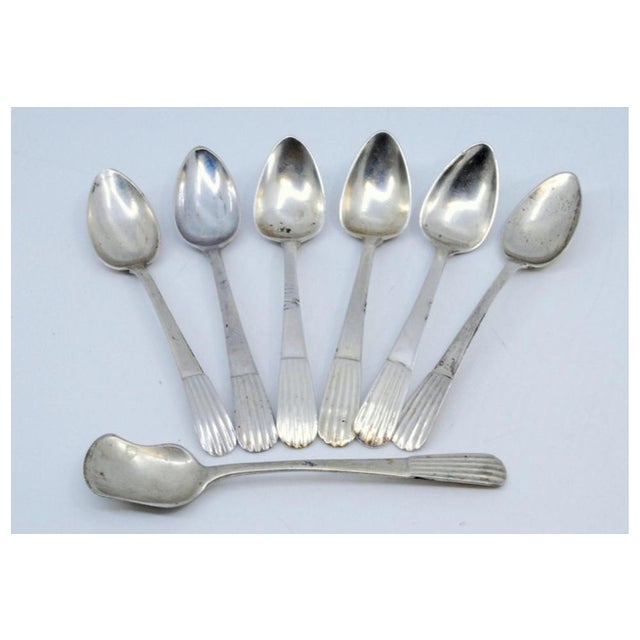 Silver Coffee Spoons and Sugar Shovel with Handle Reliefs, Set of 6, in Very Good conditions. Designed before 1890 This...