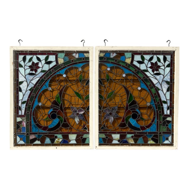 American Victorian Stained Glass Windows, Pair For Sale