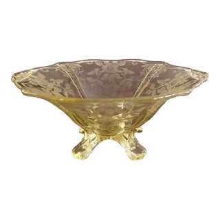Vintage 1930s Yellow Cambridge Glass Apple Blossom Footed Candy Dish. For Sale