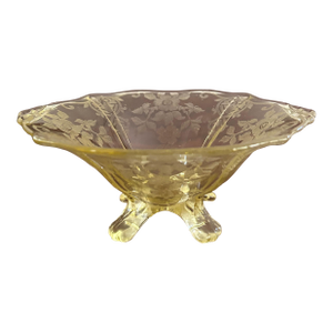 Vintage 1930s Yellow Cambridge Glass Apple Blossom Footed Candy Dish.