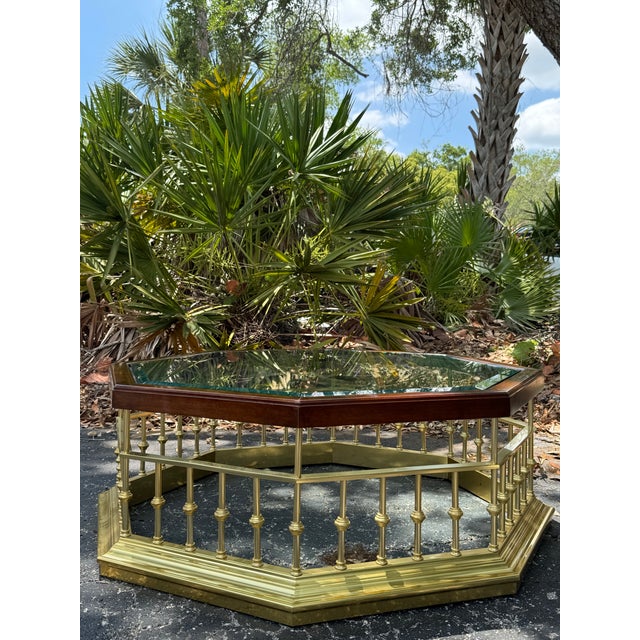 1970s Vintage Solid Brass & Wood Octagonal Coffee Table With Thick Glass Top | Hollywood Regency Cocktail Table For Sale - Image 5 of 8