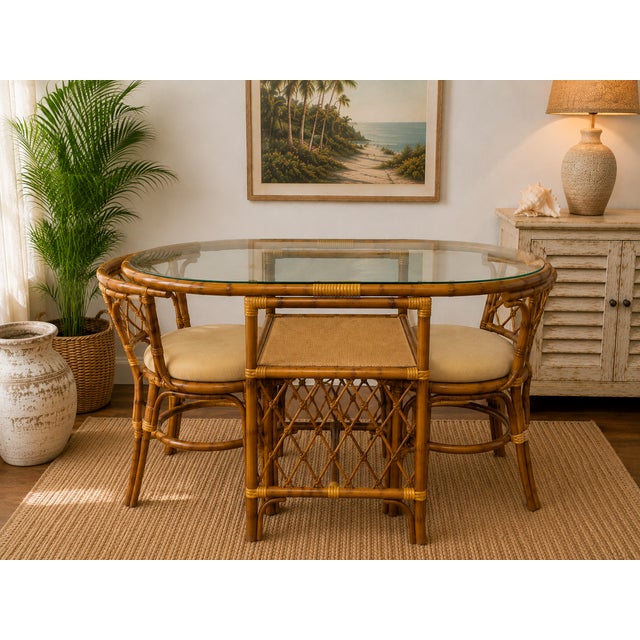 1990s Vintage Honeymoon Coastal Bamboo & Rattan Oval Glass Dining Set With Two Chairs For Sale - Image 5 of 10