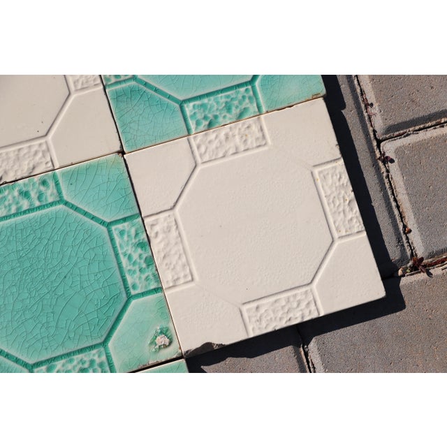 Art Deco Set of Seven Large Portuguese Glazed Tiles Mint Green & White Geometric Design c.1910s For Sale - Image 10 of 13