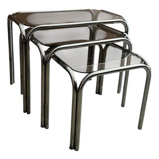 Vintage Chrome Nesting Tables with Smoked Glass, 1970s, Set of 3 For Sale