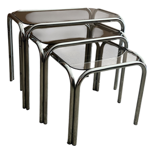 Vintage Chrome Nesting Tables with Smoked Glass, 1970s, Set of 3