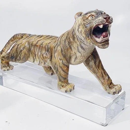 Folk Art Vintage Hand Carved Painted Wood Tiger on Lucite Base For Sale - Image 3 of 4