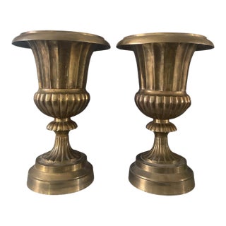 Hollywood Regency Set of Two Solid Brass Neoclassical Planter Urns For Sale