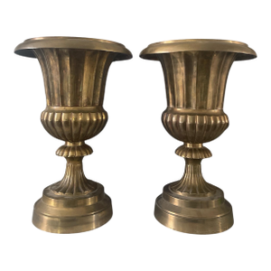Hollywood Regency Set of Two Solid Brass Neoclassical Planter Urns