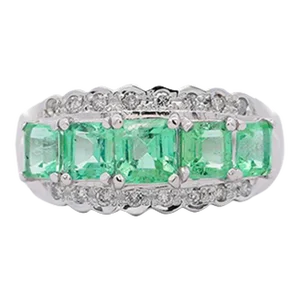 1.5 Carat Emerald and Diamond 5-Stone Band Ring in Platinum Size 6.25