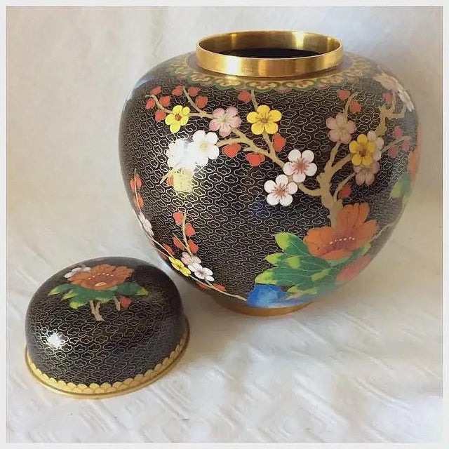 Fine Vintage Asian, Chinese Cloisonne Bronze Ginger Jar, Urn, Floral Motif For Sale - Image 10 of 11