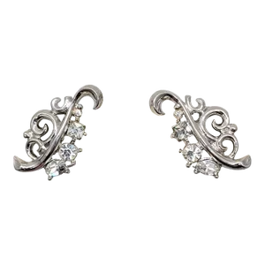 Vintage Signed Crown Trifari Rhodium Plated Clear Rhinestone Clip Earrings, 1950-2 Pieces