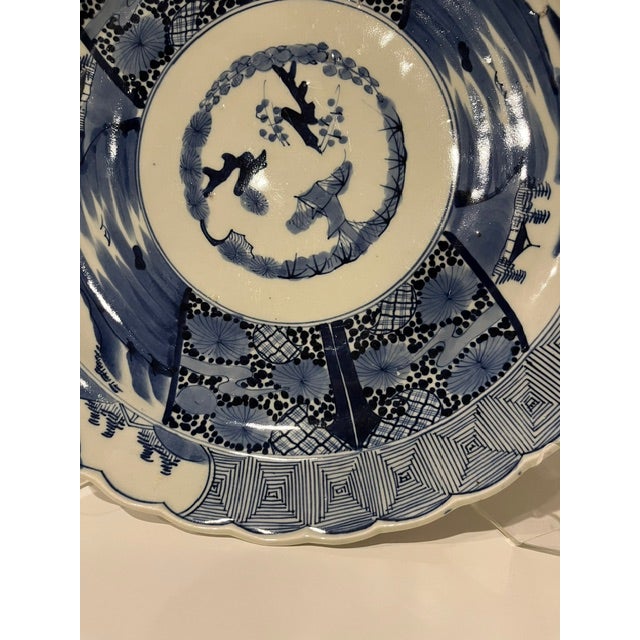 Japanese Antique Blue and White 17" Wide Fuyode Plate - Circa 1830 For Sale - Image 3 of 17