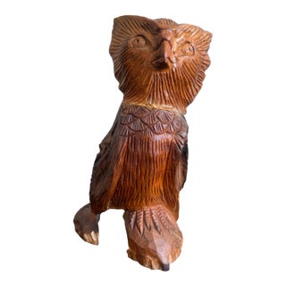 Boho Hand-Carved Wooden Owl Sculpture For Sale
