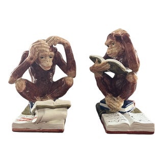 Vintage 1970s Italian Ceramic Hand Painted Monkey Bookends - a Pair For Sale