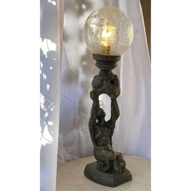 1920s Art Deco Joan of Arc Table Lamp, Orig Crackle Glass Shade La Belle Specialty Co For Sale In Philadelphia - Image 6 of 12