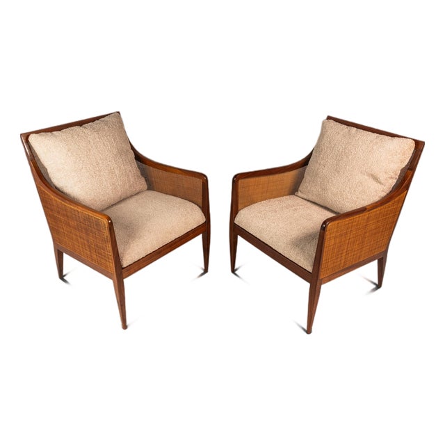 Set of Two (2) Rare Mid-Century Modern Caned Lounge Chairs in Walnut Attributed to Kipp Stewart for Directional, Usa, C. 1950s For Sale
