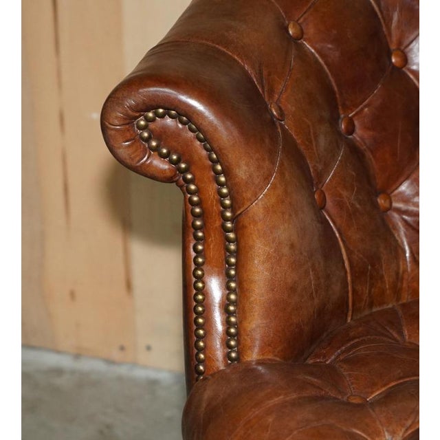 Hand-Dyed Brown Leather Chesterfield Club Tub Barrel Armchair with Brass Castors For Sale - Image 10 of 18