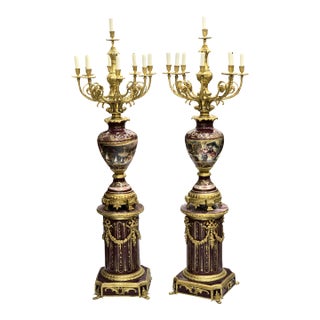 Pair of Magnificent Louis XVI-Style Porcelain Candelabras – Hand-Painted With Gilded Bronze Accents For Sale