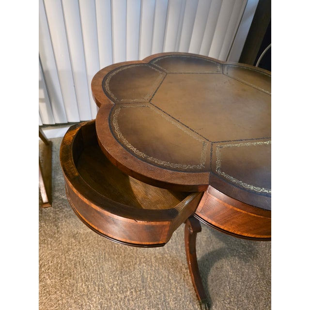 1940s Cloverleaf (6-Lobed) Drum With Elaborate Inlay, Gilded Tooled Inset Leather Top, ca.1930s/40s, For Sale - Image 5 of 11