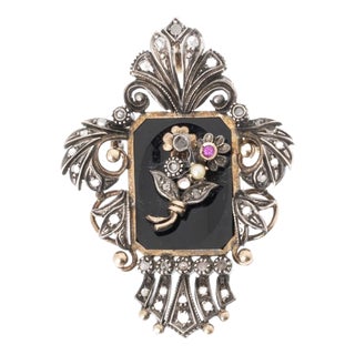 Jewelry Pin in Silver and 19.2 Karat Gold & Akoya Pearl For Sale