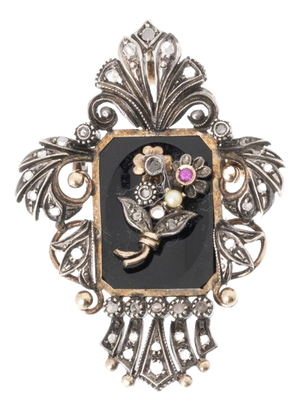 Jewelry Pin in Silver and 19.2 Karat Gold & Akoya Pearl