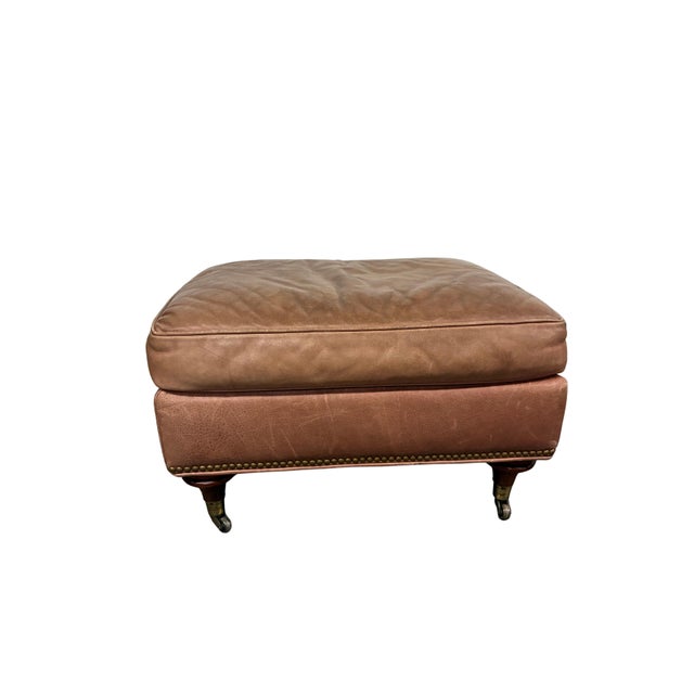 Vintage Baker Milling Road Leather Wingback Chair & Ottoman With Nailheads and Casters For Sale - Image 9 of 12