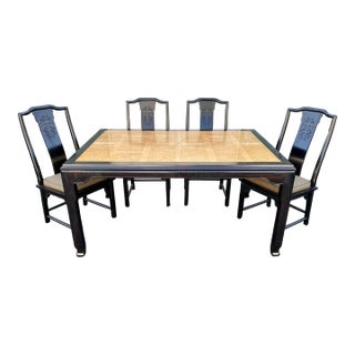 Raymond Sobota for Century Furniture- Black Lacquer and Burlwood Dining Table and Chairs- Set of 5 For Sale