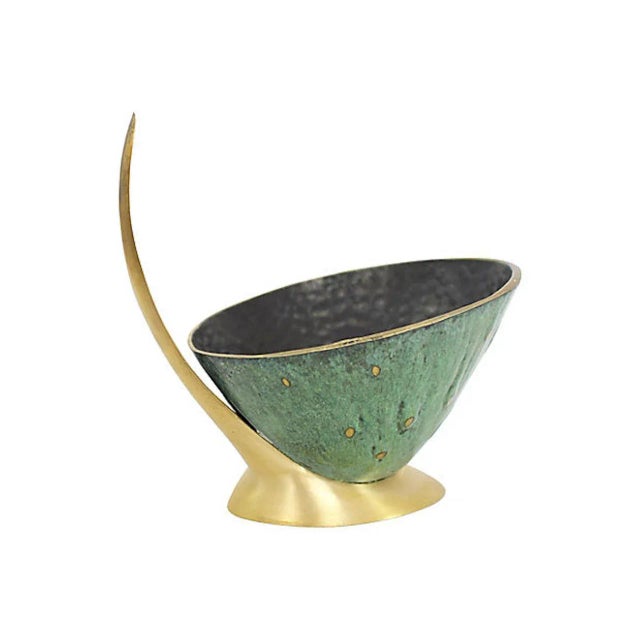 Mid-Century Modern solid brass catchall with verdigris exterior finish. Marked "Pal Bell Made in Israel". Minimal age wear.