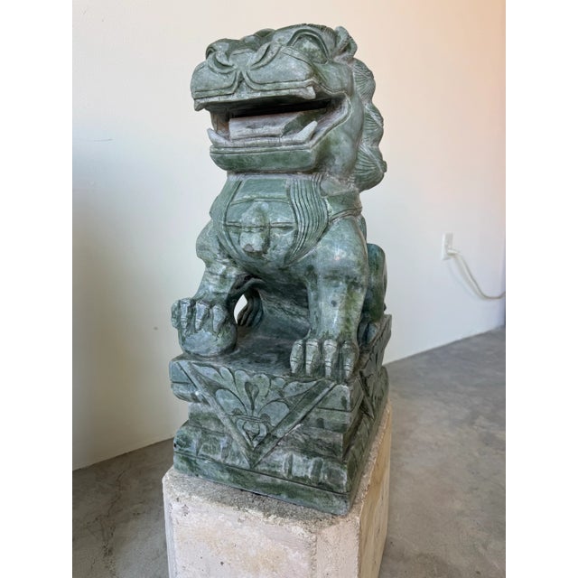Pair of Large Vintage Chinese Green Soapstone Foo Dog Guardian Sculptures For Sale - Image 4 of 12