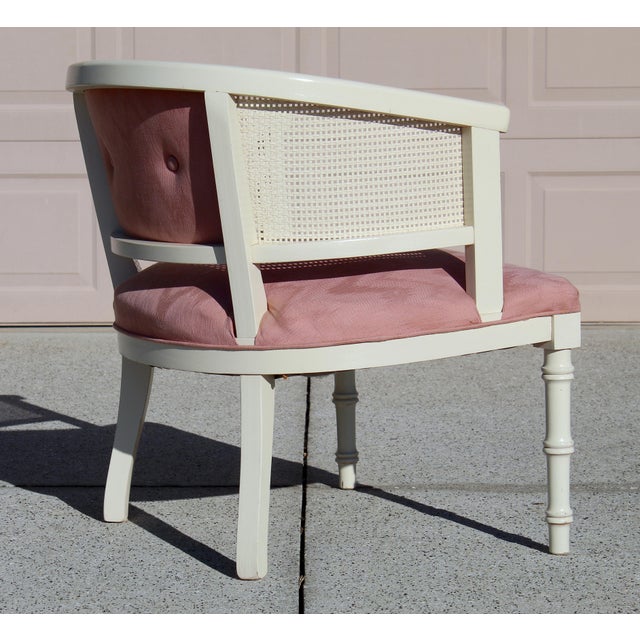 Vintage Cane Barrel Chair With Blush Pink Upholstery | Hollywood Regency Style Accent Chair For Sale - Image 9 of 18