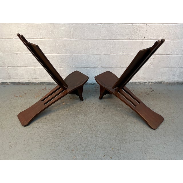Mid 20th Century Pair of Geometric Carved Low Slung Tribal Palaver Chief Chairs For Sale - Image 12 of 13